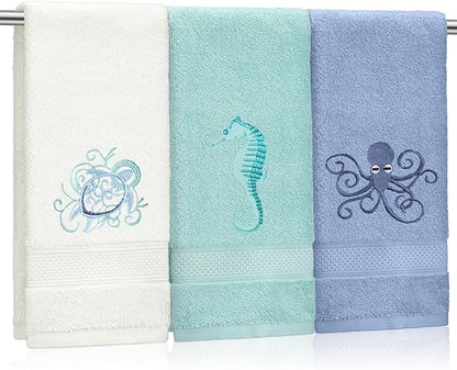 3 Pack Coastal Hand Towels for Bathroom 100% Cotton Embroidered Bathroom Towels