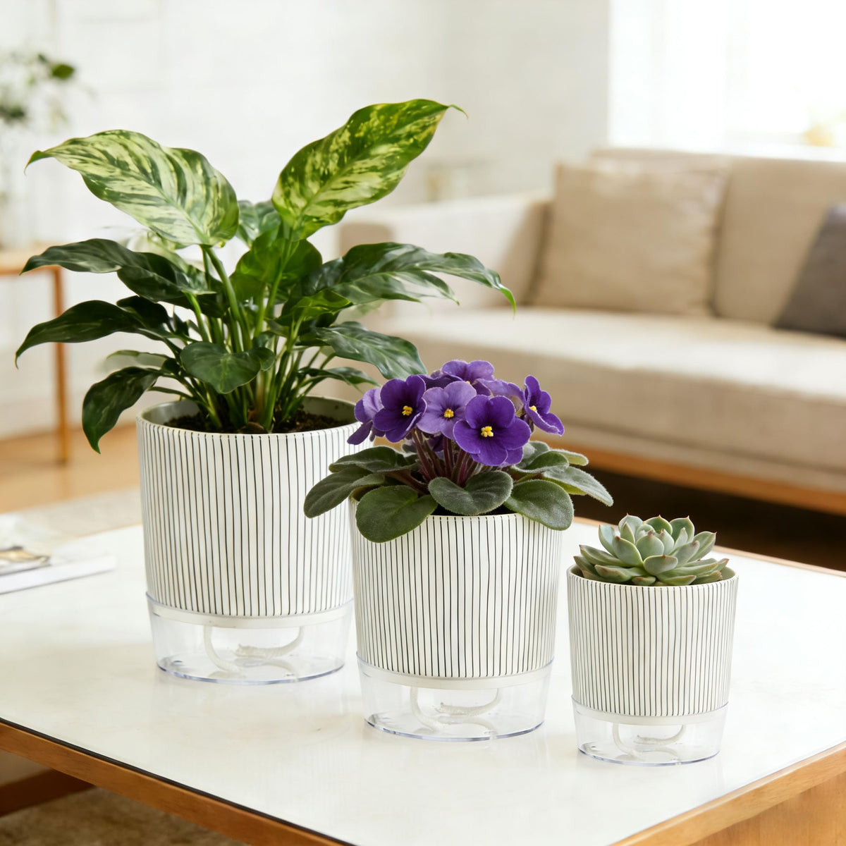 XKYQSY 3 Pack 4.3+5.5+6.3 Inch Self Watering Pots Set, Self Watering Planter with Reservoir and Wick Rope for Indoor/Outdoor Plants, Modern Houseplants Pots for African Violets,Cactus,Succulents