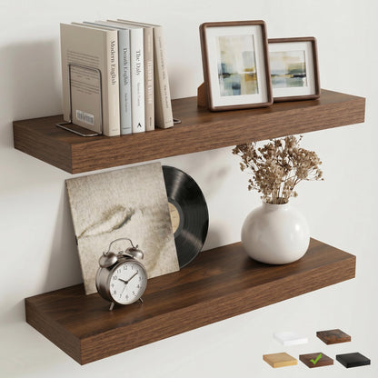Venusmiles Floating Shelves for Wall, 20 Inch Floating Shelves Set of 2, 6.5" D Wooden Wall Mounted Display Shelves with Invisible Brackets for Living Room, Bedroom, Bathroom, Kitchen Decor, Walnut