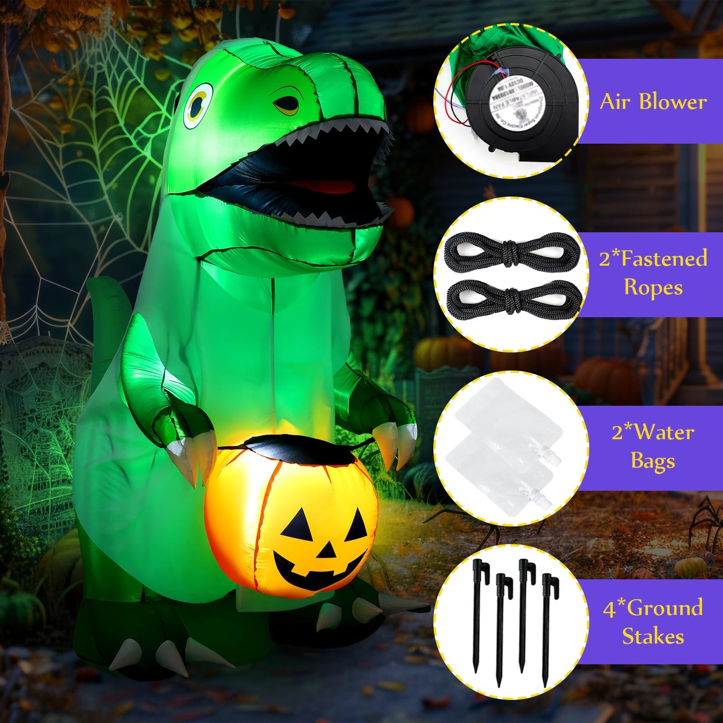 RoundFunny 6 FT Halloween Inflatables Dinosaur Outdoor Decorations Ghost Dinosaur with Pumpkin Inflatables Decoration with Built in LEDs for Halloween Party Yard Lawn Garden Decor