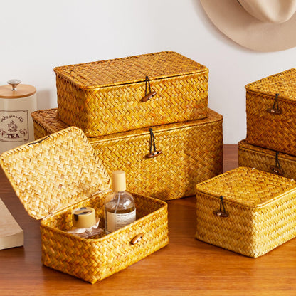 EugroVanth Wicker Storage Box with Lid, Handwoven Baskets for Storage, Rectangle Decorative Baskets Bins Container for Shelf Organizing Home, Set of 3, Natural