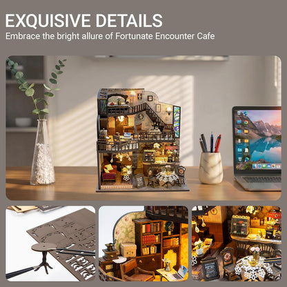 DIY Miniature House Kit, Fairy Dollhouse for Adults to Build, Mini Home Building Kit with Wooden Furniture & LED Lights,Garden Detials, Gift for Family and Friends (Fortunate Encounter Café)