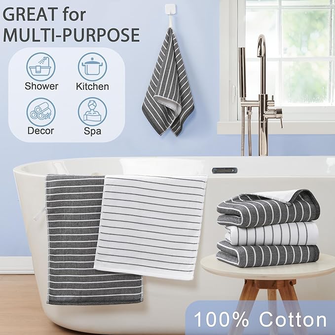 4-Pack Striped Hand Towels, thick 450GSM, Ultra-Absorbent & Quick-Drying ，100%