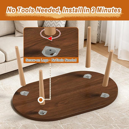 Coffee Table Low Table with Solid Wood Legs, 31.5x19.7 Large Coffee Table Side Table, Floor Table Desk for Sitting on The Floor, Living Room Furniture for Office Apartment Home, Oval Walnut