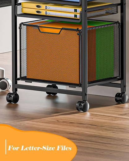 Feyejade Compact 5-Tier Rolling File Cart, Under Desk Metal Filing Cabinet | Printer stand top, sliding mesh trays for binder, letter size file storage, organizer for teachers and home office