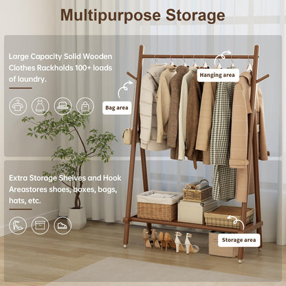 Muwuele Solid Wood Clothing Rack, Rolling Clothes Rack for Hanging Clothes, Garment Rack with Shelves Load 350 Lbs, Portable Closet Organizer on Wheels for Hanging Clothes (Walnut)