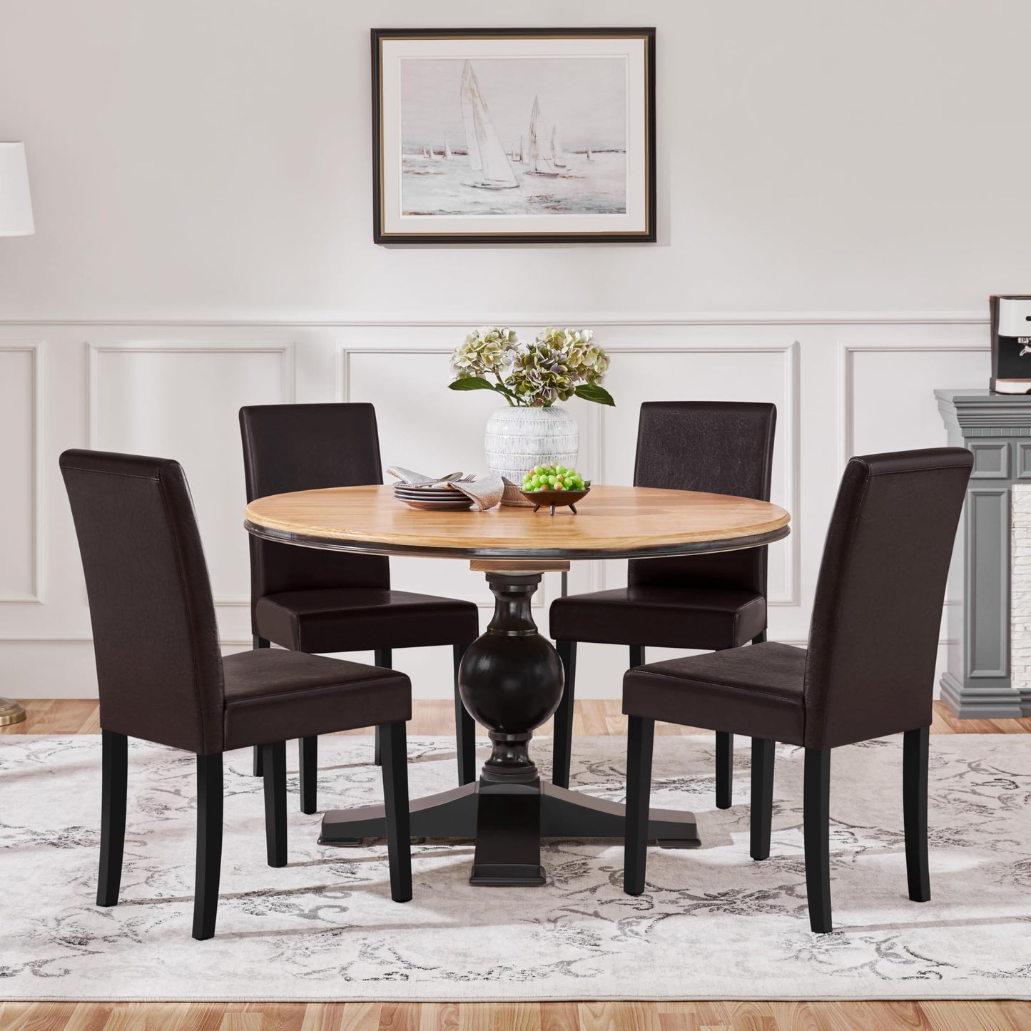 Yaheetech Dining Chairs Set of 4 PU Leather Dining Room Chairs with Waterproof Surface and Wood Legs for Kitchen Restaurant and Living Room, Dark Brown