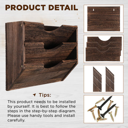 RattanView 3 Wall Wood File Organizer Hanging File Organizer for Office Rustic Paper Mail Organizer Mounted Storage Rack for Home Documents Magazine Literature Folders Brown