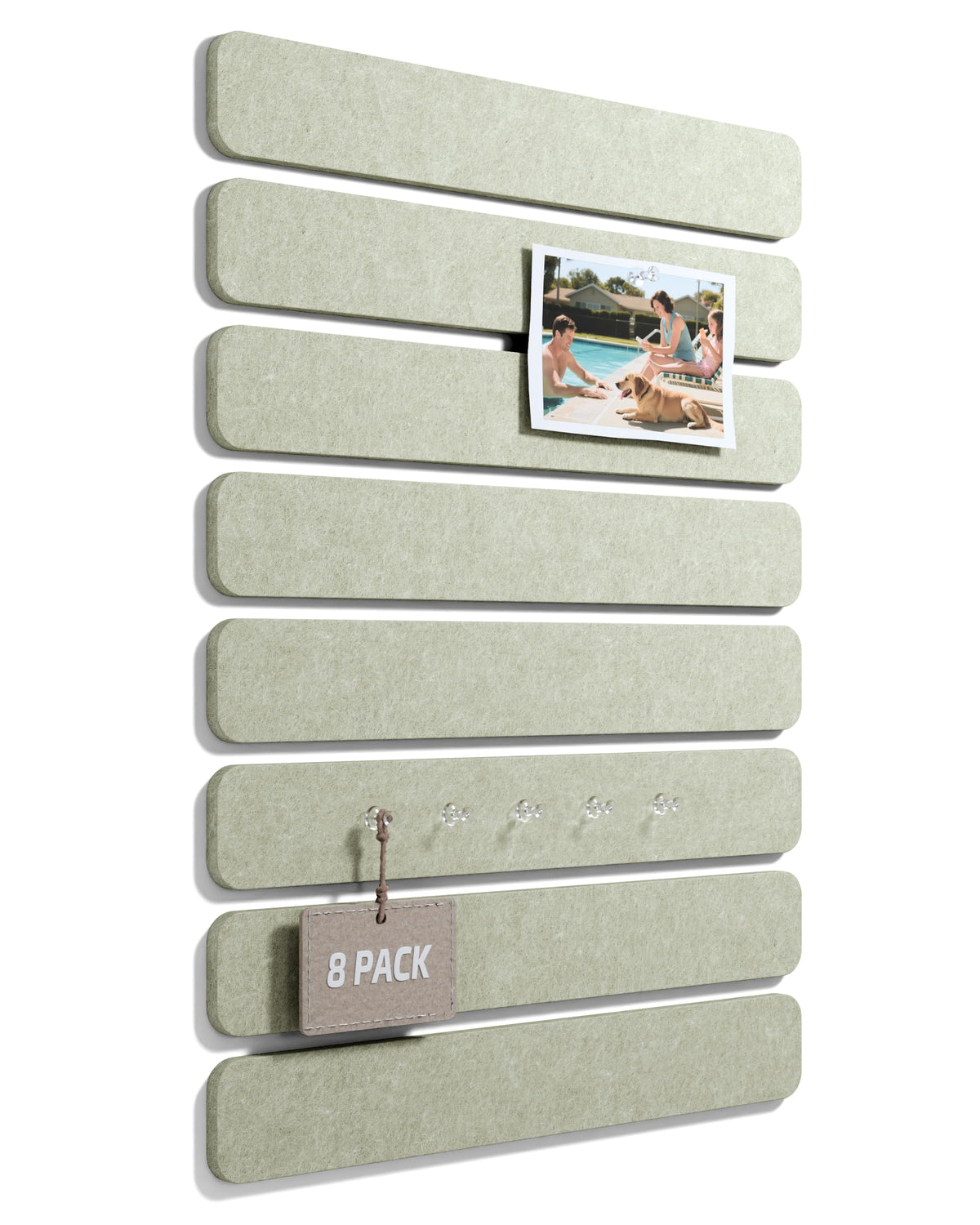 Fluxynara Cork Board Alternative Felt Strip Board 8-Pack 13"x2", Office Pin Board with 50 Push Pins, Adhesive Install for Bedroom Door & Home Office (Sage)