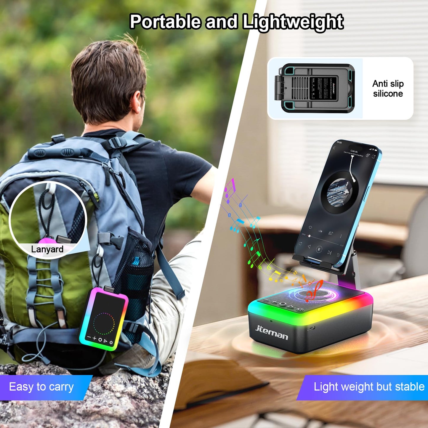 JTEMAN Gifts for Men Women, Cell Phone Stand with Bluetooth Speaker and Light, Portable Lanyard, Cool Tech Gifts for Dad Mom Husband, Unique Birthday Gift Ideas Black