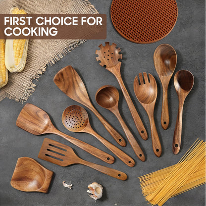 Spardar Wooden Spoons for Cooking, 12 Pcs Teak Wooden Utensil Set with 9 Pcs Spoons, Spoon Rest, 4.2" Utensil Holder, and Potholder for Kitchen Decor & Housewarming Gift
