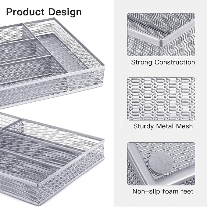 Neudeco Drawer Organizer Set, Silver, 5 Pack | 4-Compartment Silverware Tray, 4 Utensil Trays, Silver Mesh, Non-Slip, For Flatware, Cutlery, Office Supplies