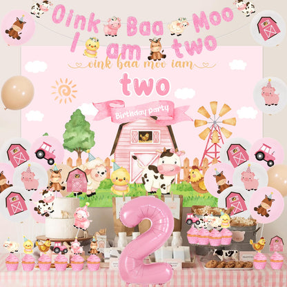 Farm 2nd Birthday Decorations for Girl - Oink Baa Moo Im Two Backdrop, Banner, Farm Animal Cake Topper, Cupcake Toppers, Balloons, Pink Farm Moo Moo I Am Two Barnyard Birthday Party Supplies