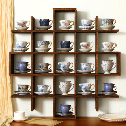 Suzile Oversize Tea Cups and Saucers Shelf Rustic Wooden Coffee Display Shelves Wooden Floating Curio Shelf Mounted Tea and Saucer Rack Holder for Kitchen Station Bar Accessories(Brown)