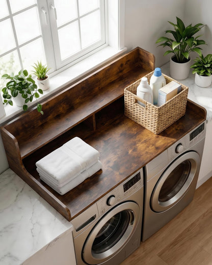 Garvee Laundry Shelf Over Washer and Dryer 54" x 27.5", Heavy Duty Wooden Countertop Topper with 12" Fences, Farmhouse Decor Organizer Table for Laundry Room - Walnut Finish