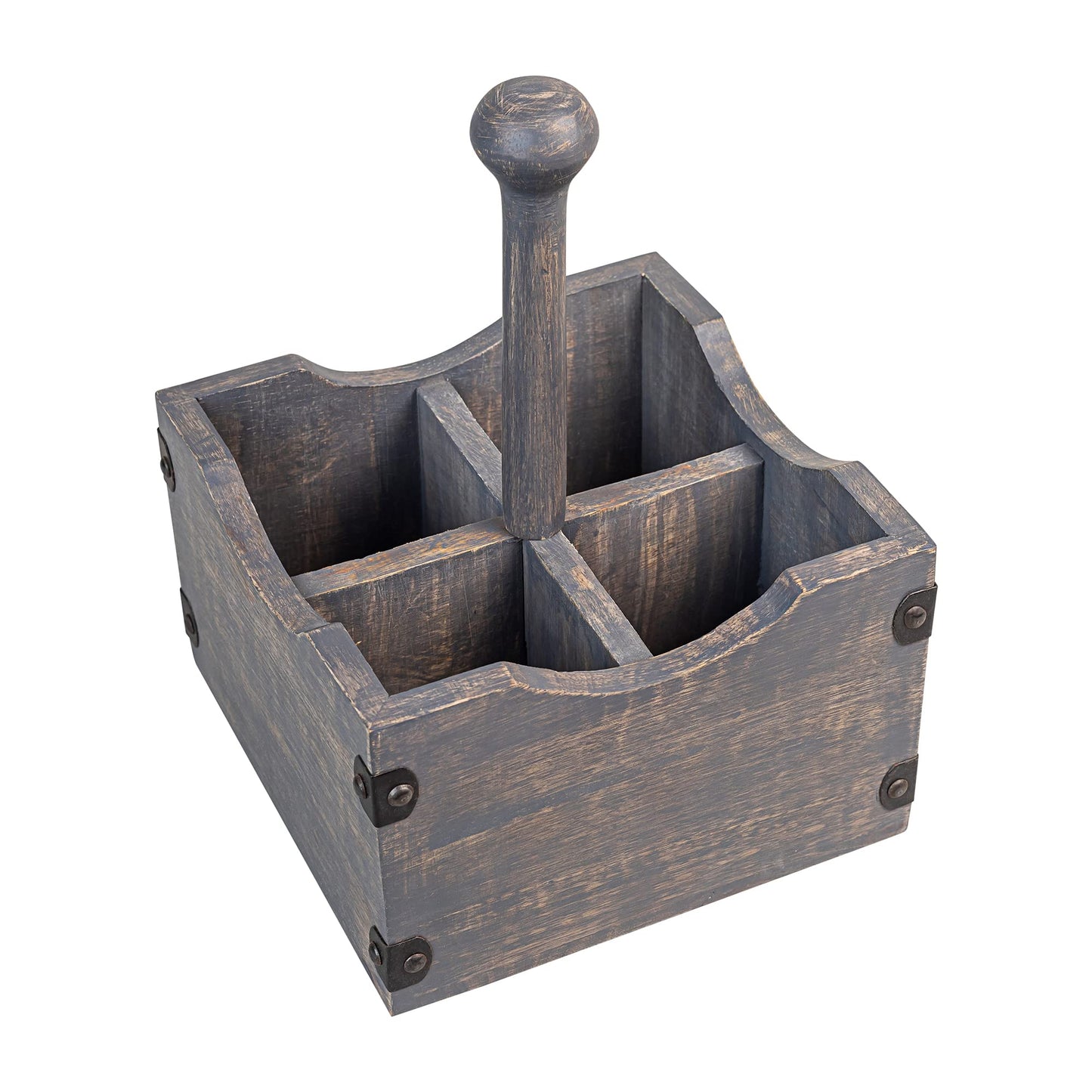 GoCraft Square Wooden Flatware & Silverware Caddy - 4 Divided Compartments, Grey Washed Mango Wood Utensil Holder with Detachable Handle Rod, Stylish Kitchen Storage Organizer for Home & Dining
