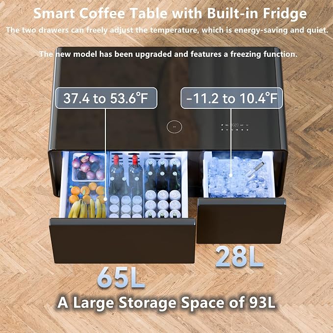 Smart Coffee Table with Fridge and Bluetooth, Smart Living Room Table with Frozen Drawers, Dual Speakers, 15W Wireless Charger, Touch Control, USB Ports, Atmosphere Light, LT90 Ultra-Black