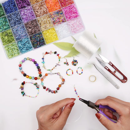 EuTengHao 9600pcs Tube Beads Kit Glass Bugle Seed Beads Small Craft Beads for DIY Bracelet Necklaces Crafting Jewelry Making Supplies with Two Crystal String (7mm, 400 Per Color, 24 Colors)