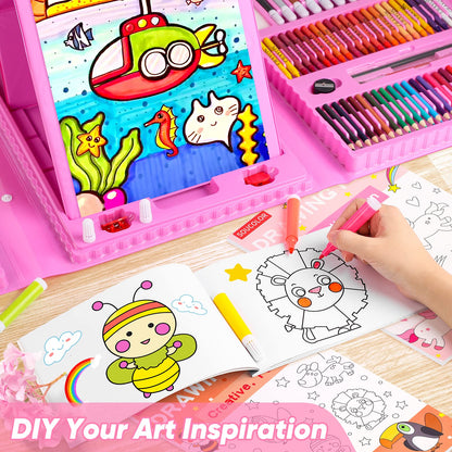 Soucolor Art Supplies, 283 Pieces Drawing Set Art Kits with Trifold Art Easel, 2 Drawing Pads, 1 Coloring Book, Crayons, Pastels, Arts Gifts Case, Coloring Set