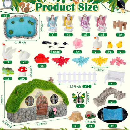 Roowest 57 Pcs Solar Fairy House Garden Accessories Kit Light up Mushroom House Resin Fairy Village Figures Garden Resin Miniature Fish Pond Figures Micro Landscape Outdoor Decorations