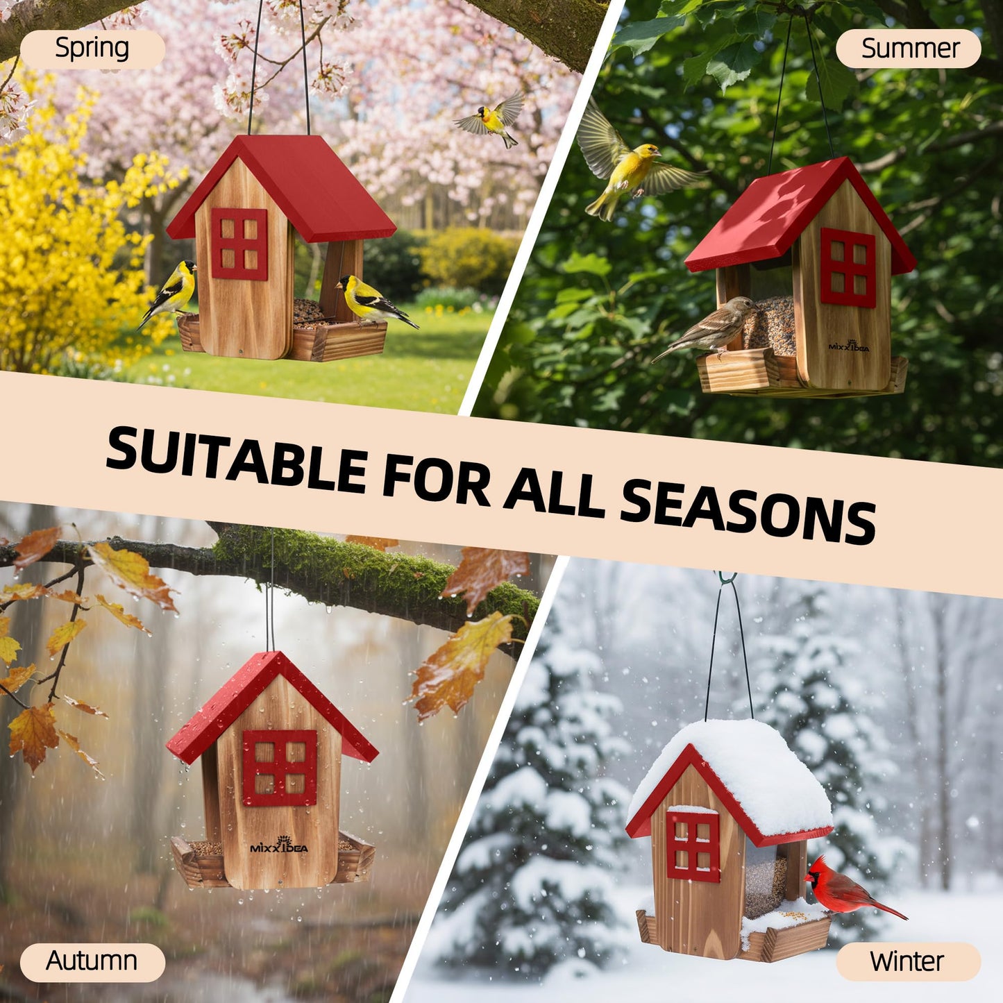 MIXXIDEA Bird Feeder for Outdoors Hanging, Wooden Bird Feeder House with Weatherproof Roof & Metal Tray, Attracting Wild Birds for Outside, Yard, Garden Decoration, Red