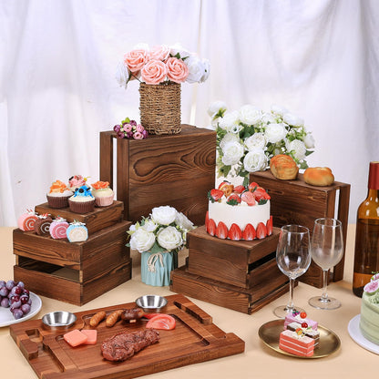 LEIFEOSH 6 Pack Wooden Crates for Display Wooden Risers Square Food Risers for Buffet Party Rustic Wood Cake & Cupcake Stands
