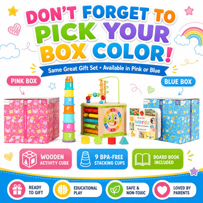 Wooden Activity Cube for Baby, Montessori Toys for 1 Year Old, Baby Toys 1 Year Old, Toys for 1+ Year Old Girl - Wooden Activity Center with Bead Maze Toy, Baby Stacking Cups, Book, in Pink Gift Box