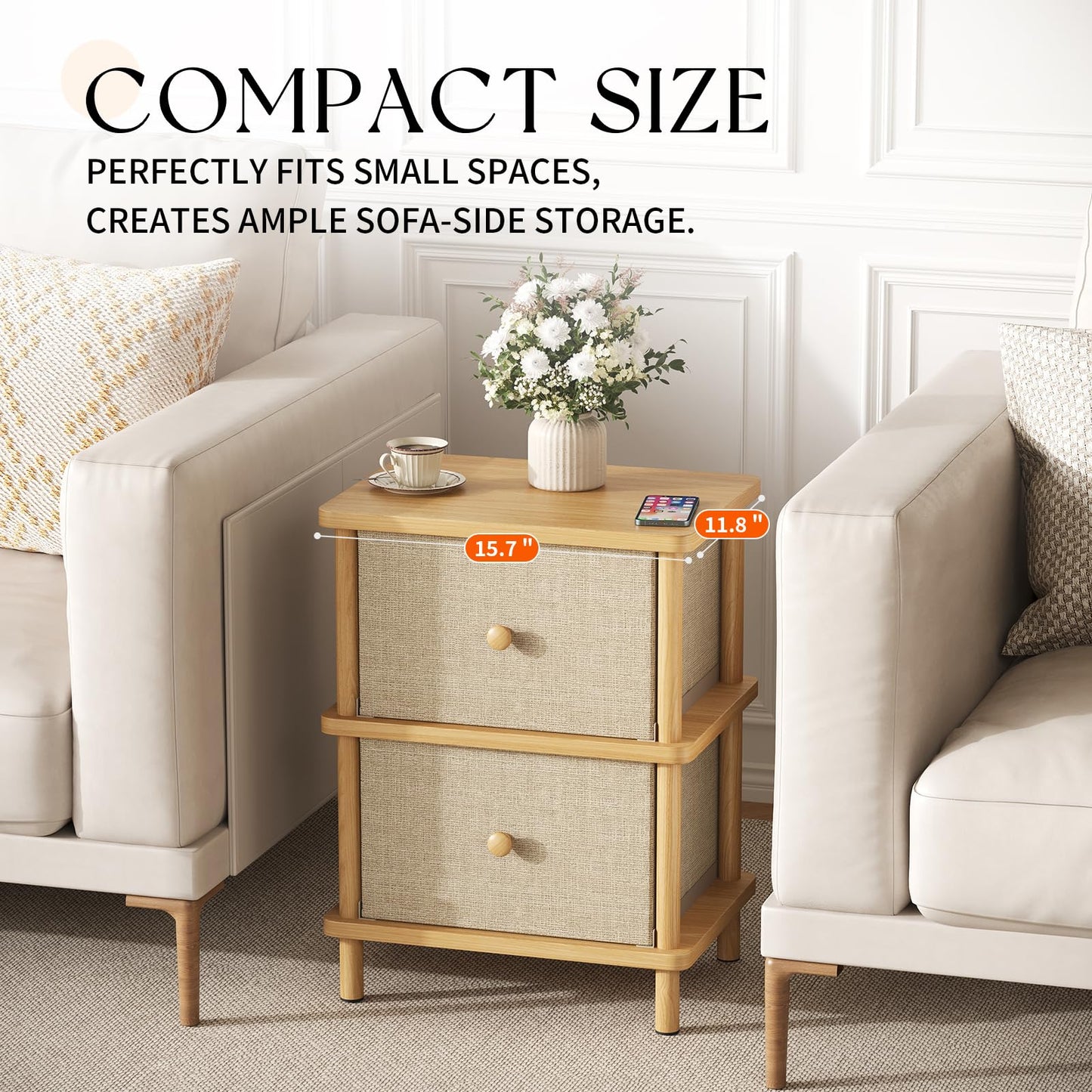 Apicizon Nightstand with 2 Storage Drawers, Boho Side Table with Solid Wood Legs, End Table for Small Spaces, Bedroom, Living Room, Entryway, Natural