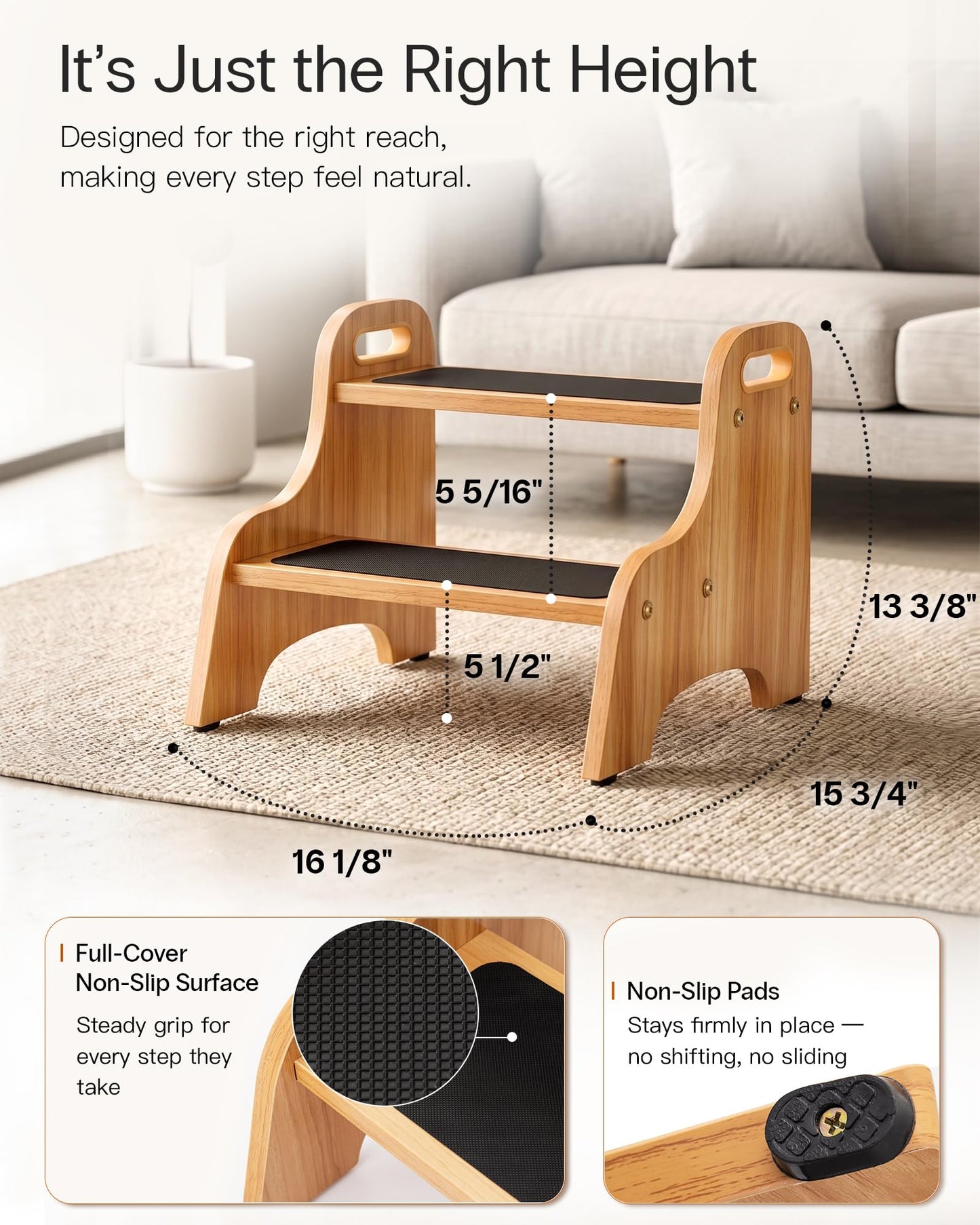 StrongTek Wooden 2 Step Stool, Non-Slip Surface with Handles, 350 lb Capacity, Compact Step Stools for Bathroom, Kitchen, Bedroom and Home Use (Natural)