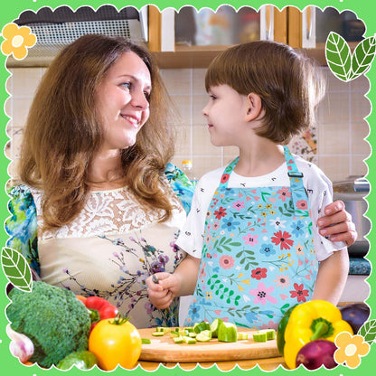 XLSXEXCL 2 Pack Kids Apron, Cute Floral Aprons, kids Aprons for Cooking Waterproof Art Apron with Pockets, Toddler Painting Artist Apron Adjustable for Boys and Girls for Painting Cooking Baking