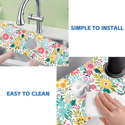 Colorful Floral Leaves Berries Kitchen Sink Splash Guard Mat Absorbent Fast