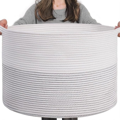 INDRESSME XXXLarge Cotton Rope Basket 21.7" x 21.7" x 13.8" Woven Baby Laundry Basket for Blankets Toys Storage Baskets with Handle Comforter Cushions Storage Bins Thread Laundry Hamper-Black Stitch