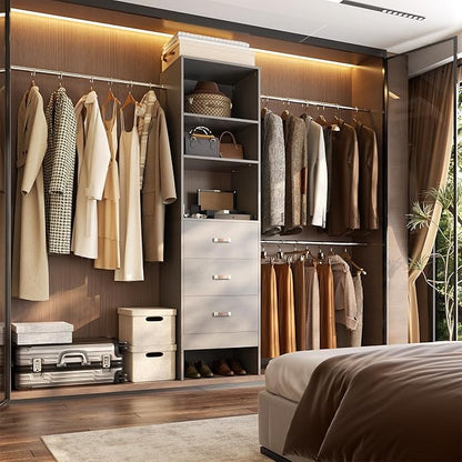 Besiost 96'' Closet Organizer System with 3 Hanging Rods, 8FT Closet Organizers and Storage with 3 Wooden Drawers, Built in Closet Organizer Systems, Adjustable Walk-in Wardrobe from 5-8FT, Grey