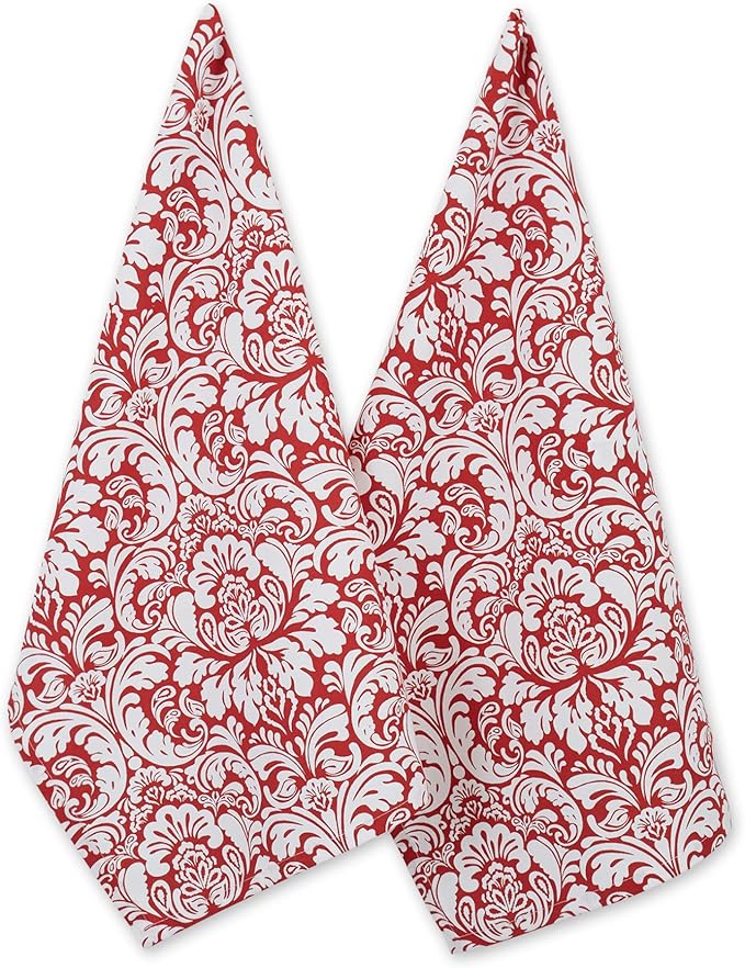 DII Cotton Dish Towel Set Damask Print, Tango Red