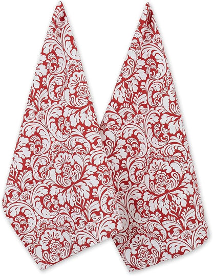 DII Cotton Dish Towel Set Damask Print, Tango Red