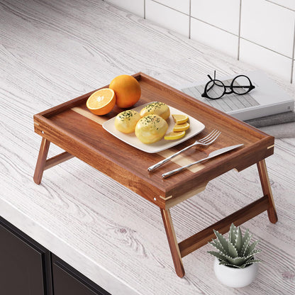 Fibogollo 2 Pack Acacia Wood Bed Tray Table with Folding Legs,Breakfast Trays,Serving Tray for Food and Snack,Laptop Trays for Working(Natural)