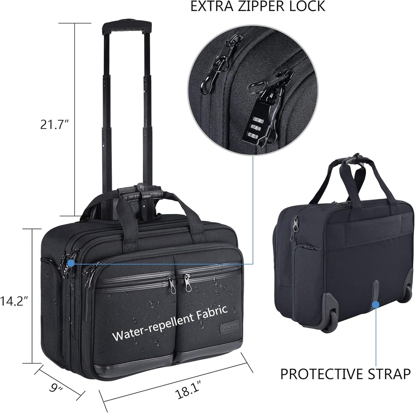 KROSER Rolling Premium Briefcase Fits Up to 17.3 Inch Laptop Water-Repellent Overnight Computer Bag with RFID Pockets for Travel/Business/School/Men/Women-Black