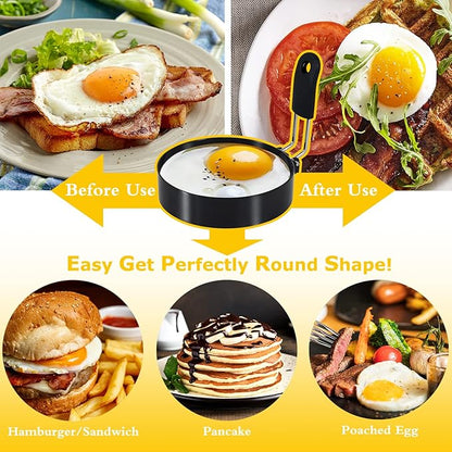2-Pack Round+Square Egg Rings Set with Silicone Handle, Stainless Steel Egg Cooking Rings，Nonstick，For Frying Eggs and English Muffins Pancake, Egg Mold Shaper For Breakfast