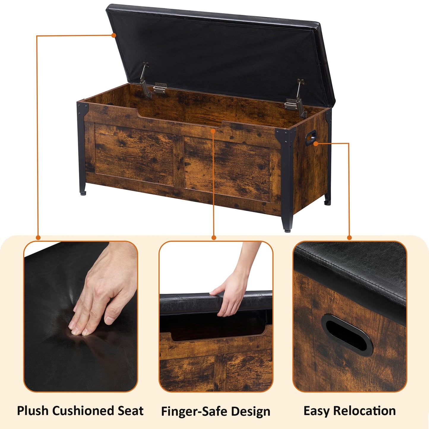 IDEALHOUSE Storage Bench, 39.4" Retro Wooden Storage Chest with 2 Safety Hinges, Loads 300 lb, Easy Assembly, Storage Ottoman Bench for Bedroom Entryway Living Room, Rustic Brown