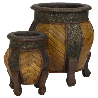 Nearly Natural 519 Decorative Rounded Wood Planters, Brown, Set of 2,Small: 8.25w x 8.25d x 10.75h, Large: 12w x 13d x 15h