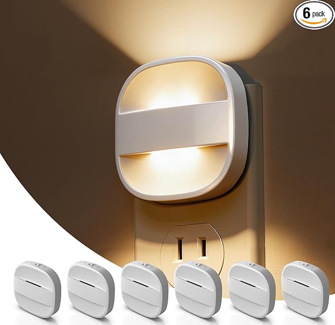 L LOHAS LED Night Lights Plug into Wall, Dimmable Night Light with Dusk to Dawn Sensor, Nightlight for Bathroom Night Light, Hallway, Kitchen, 3000K Soft White, Foldable 6 Pack