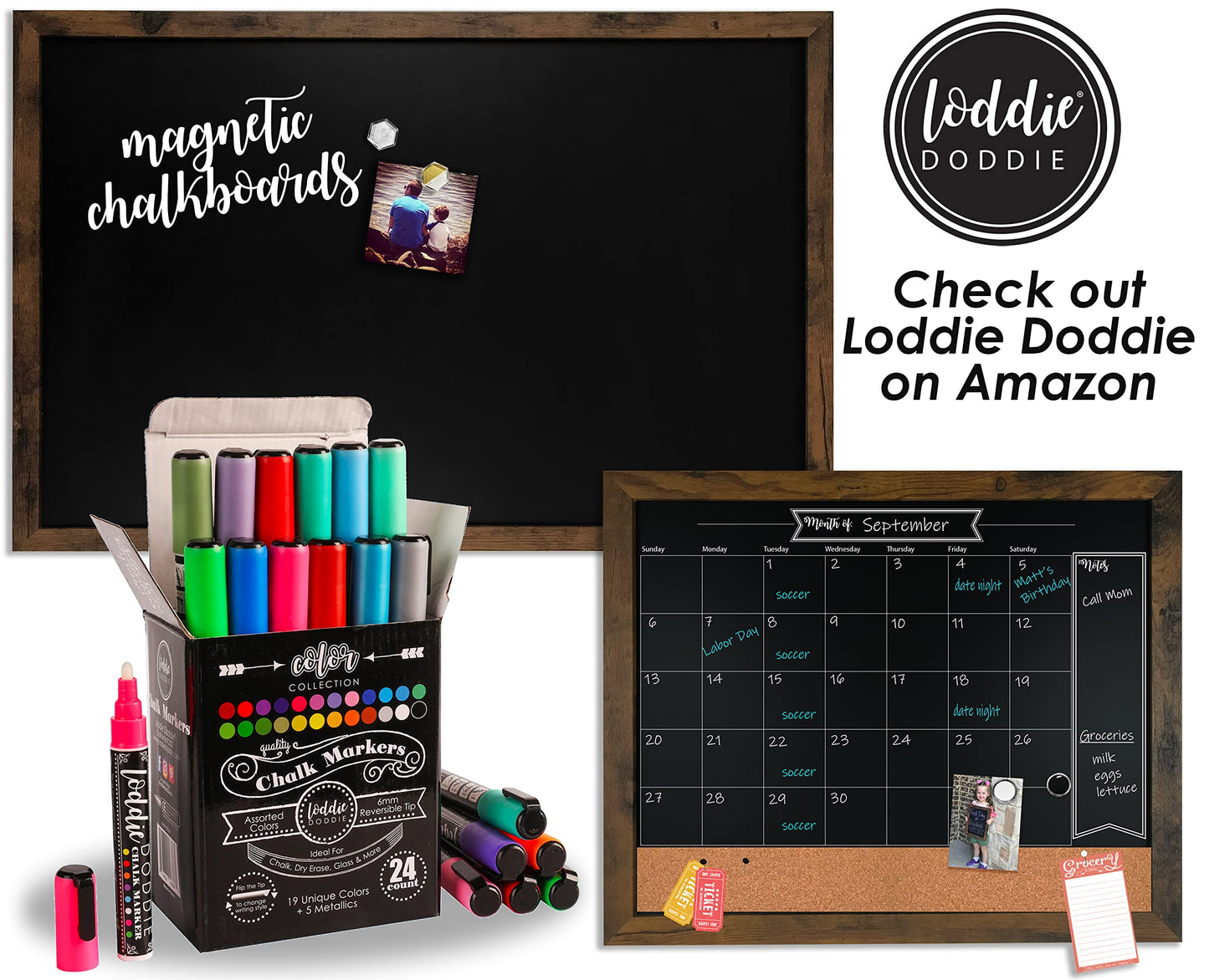 Loddie Doddie Chalkboard Calendar & Bulletin Combo - 18" x 24" Rustic Frame, with Chalk Markers, Push-Pins, Magnets, Blackboard - Kitchen Wall Calendar Organizer