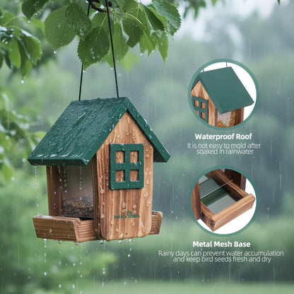 MIXXIDEA Bird Feeder for Outdoors Hanging, Wooden Bird Feeder House with Weatherproof Roof & Metal Tray, Attracting Wild Birds for Outside, Yard, Garden Decoration, Green