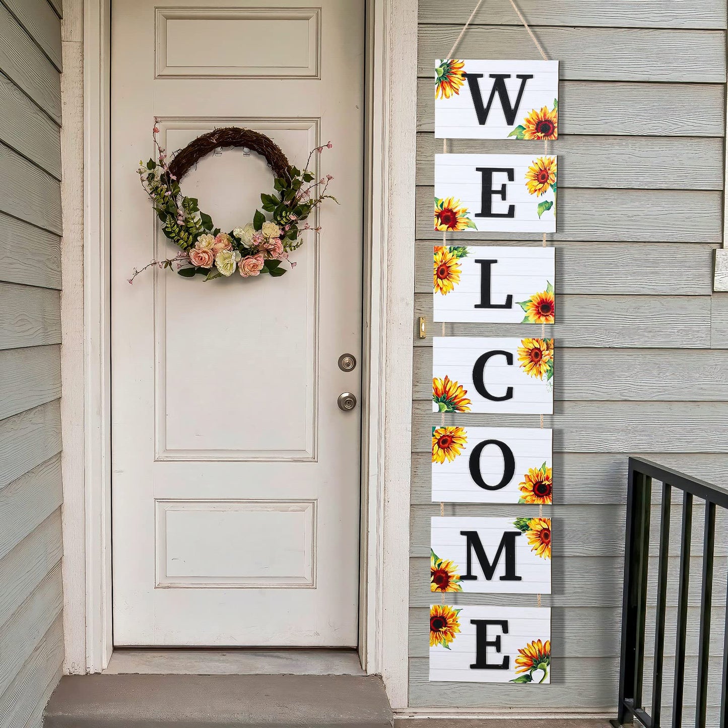 Threan 59 Inch Sunflower Welcome Signs Wooden Porch 3D Welcome Hanging Wall Rustic Wooden Signs with 7 Sunflower Panels Farmhouse Front Porch Summer Outdoor Decor Home Kitchen Garden