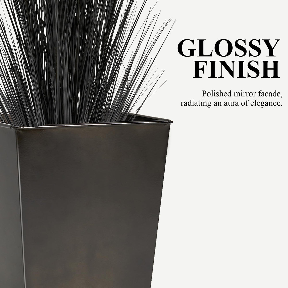 Worth Garden 28" Large Metal Glazed Planter Set of 2, Luxurious Glossy Finish Black Tall Square Tapered Steel Plant Pots, Decor Flower Pot Indoor & Outdoor, Drainage Hole & Dual-Purpose Plant Saucer
