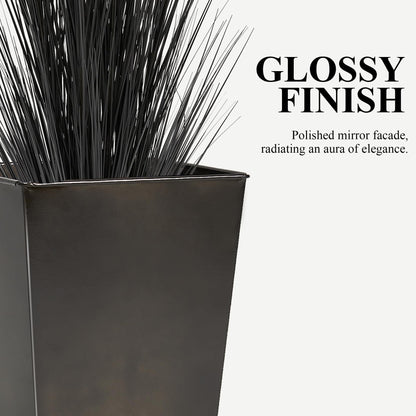 Worth Garden Large Metal Glazed Floor Planter Set of 2-14" Dia x 18" H - Luxurious Glossy Finish Black Tall Square Tapered Steel Plant Pots, Decor Flower Pot Indoor & Outdoor, Drainage Hole