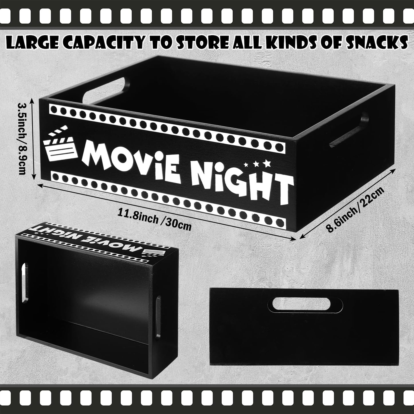 GlikCeil Movie Night Supplies Snack Trays with Handles Reusable Wooden Movie Gift Basket for Theater Popcorn Bucket Bowl Box Container Family Room Decor (Classic Style 1)