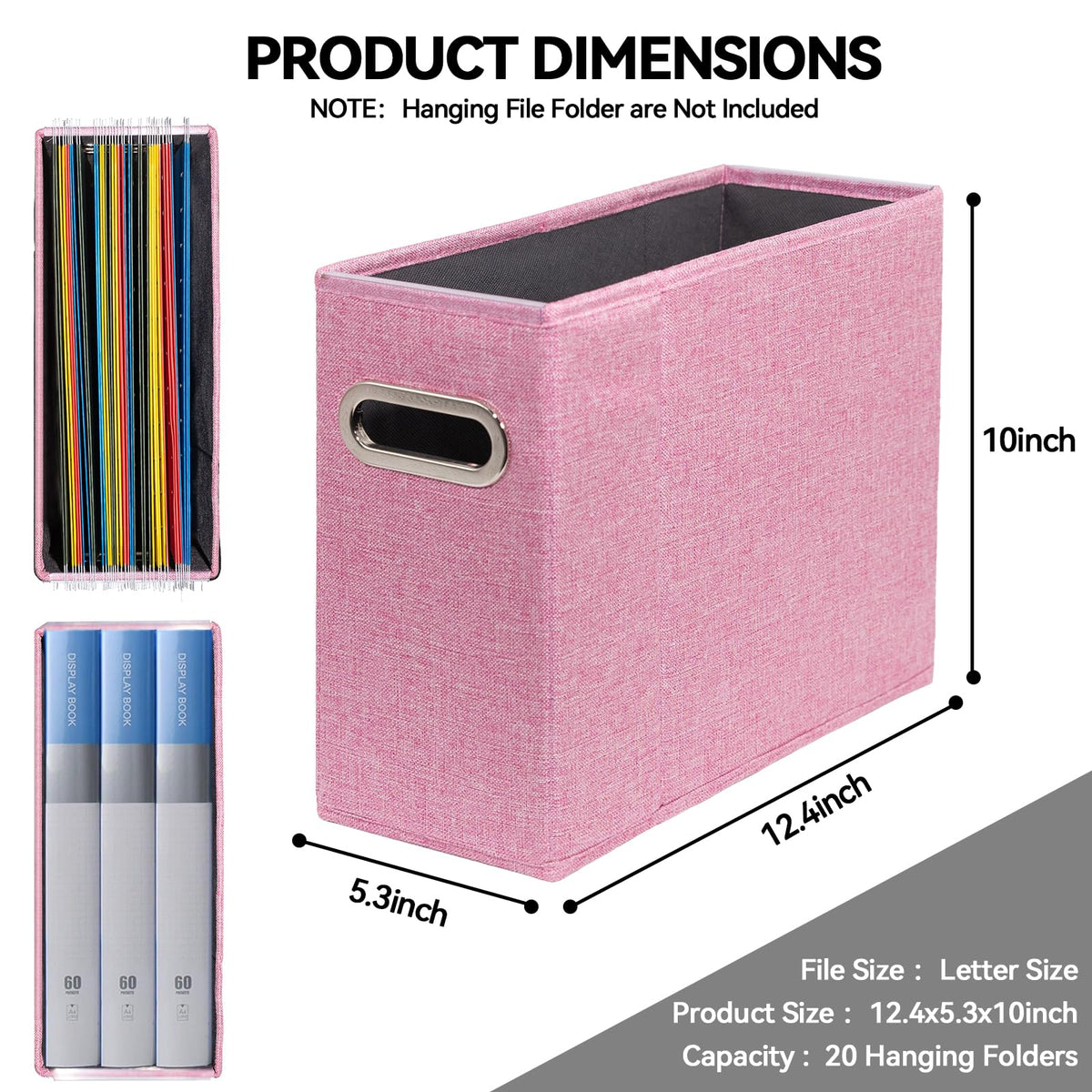 ComfortKeeper 4 Packs Letter Size File Organizer, File Folders Organizer, Fabric Storage Box, Collapsible Paper Organizer with Metal Handle, Smooth PVC Rails, Only Box (Pink)
