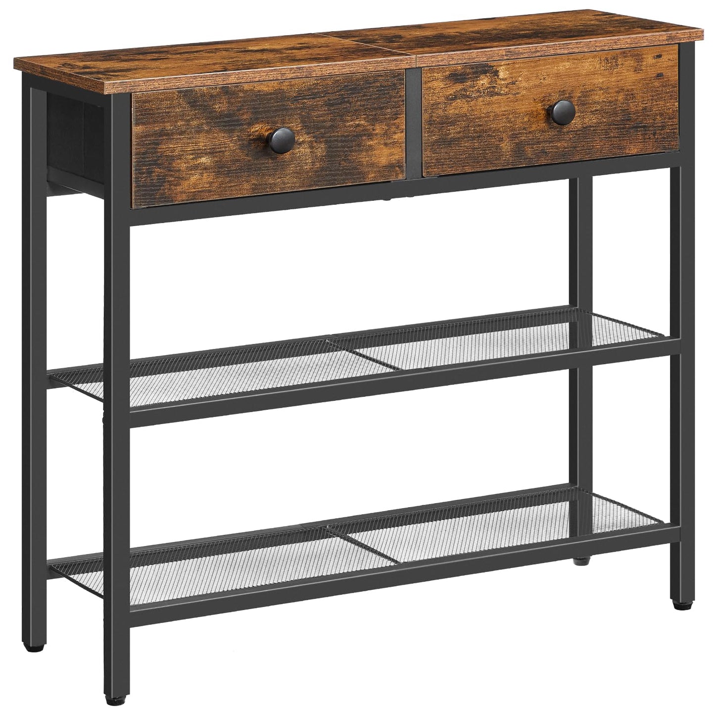 HOOBRO 29.5" Narrow Console Table with 2 Fabric Drawers, Sofa Table, Small Entryway Table with 3-Tier Storage Shelves, Behind Couch Table, for Living Room, Hallway, Rustic Brown and Black BF72XG01