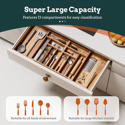 Silverware Organizer Large, Magnetic Connected Expandable 13 Slots Silverware Drawer Organizer From 21 to 37.4 Inches, Adjustable Flatware and Cutlery Holder, Bamboo Utensil Tray for Kitchen Acacia